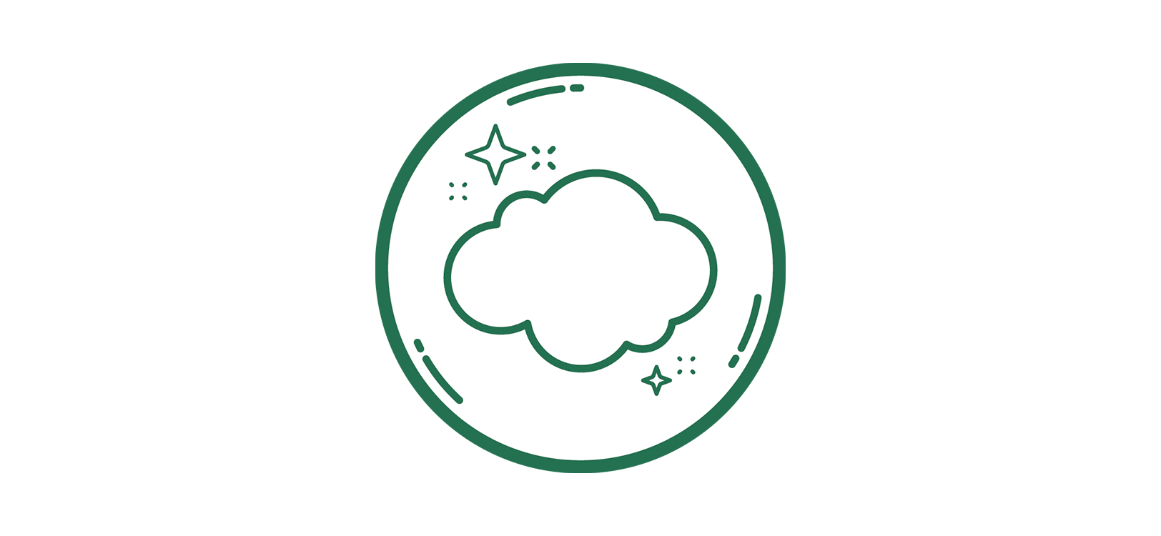Graphic icon of a cloud with sparkles around it.