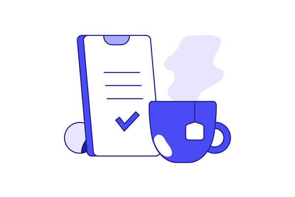 An illustration of a tablet with content on it beside a cup of tea