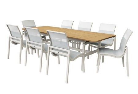 Agio 9-piece patio dining set with a wood-look table and eight white sling chairs.