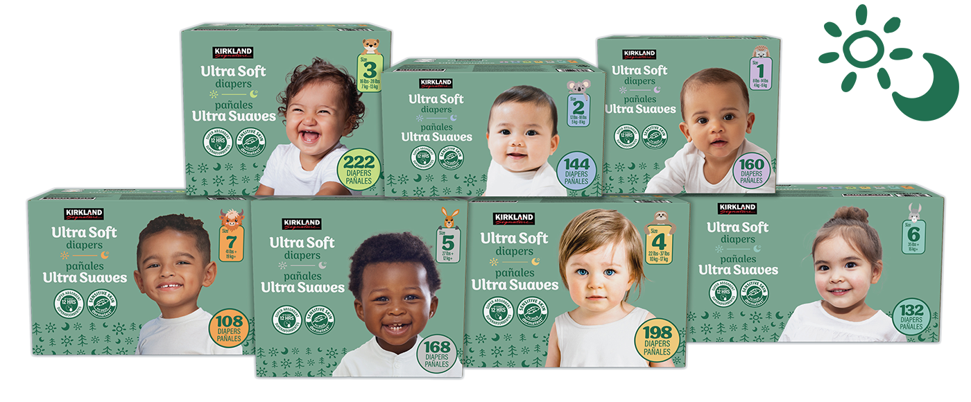 A set of 7 boxes of Kirkland Signature Ultra Soft diapers. Sizes 3, 2 1, 7, 5, 4 and 6 stacked in two rows.