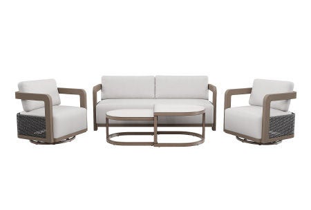Agio 4-piece patio set with white cushions, brown frames, and a nested coffee table.