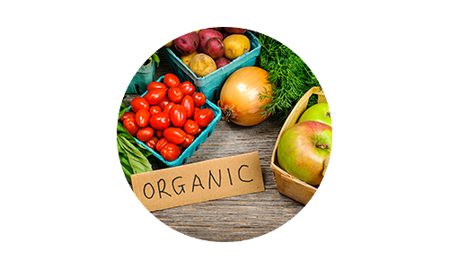 Organic fruits and vegetables with Organic sign on table