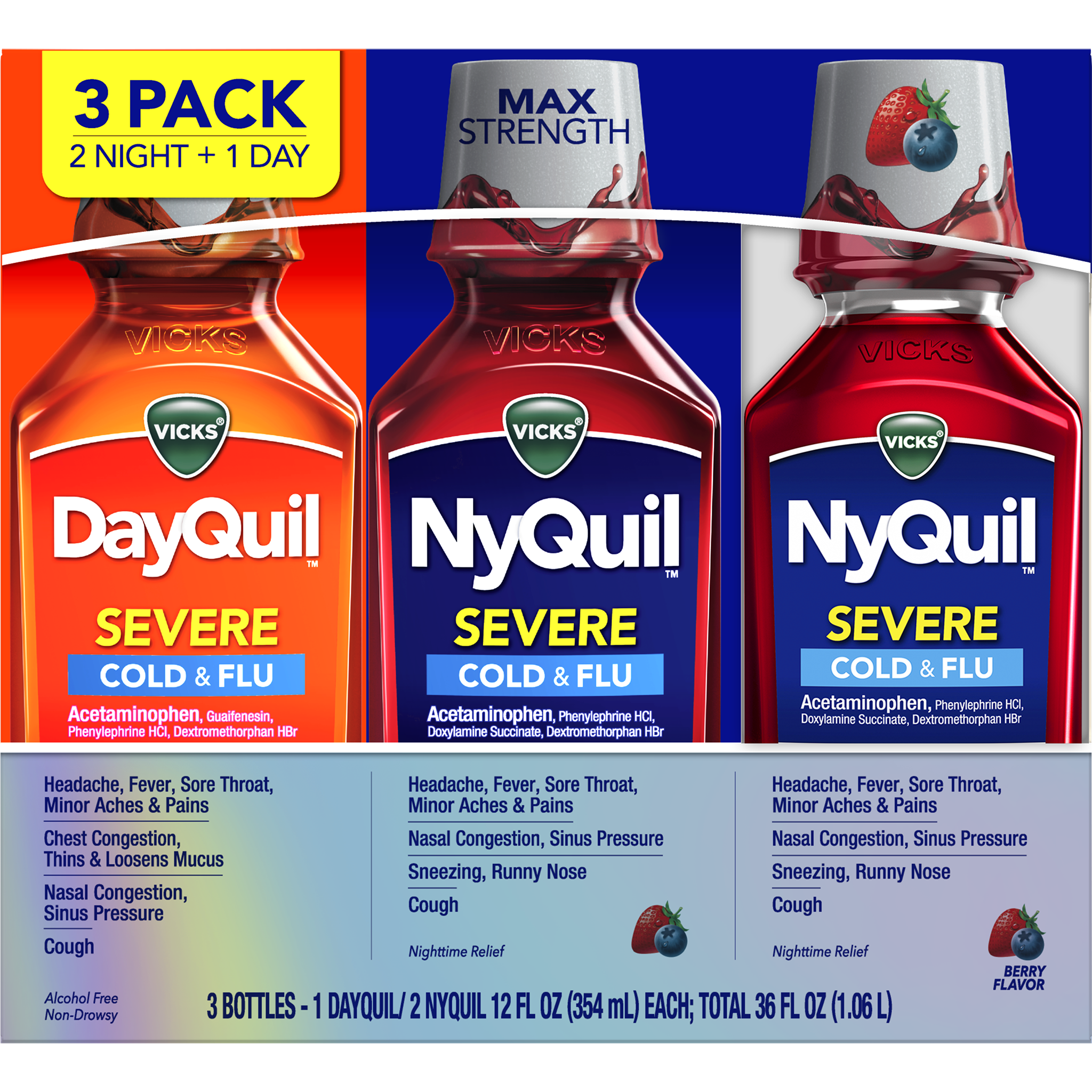 **Vicks** DayQuil and NyQuil Severe Cold & Flu Liquid, Berry, 12 fl oz, 3 ct