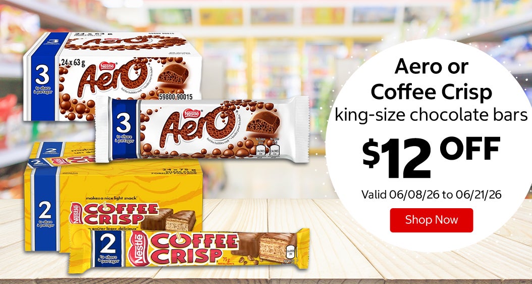 Aero or Coffee Crisp king-size chocolate bars $12 Off. Valid 06/08/26 to 06/21/26. Shop Now 