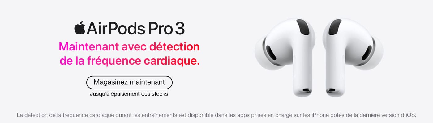 Airpods Pro3. Maintenant avec détection de la fréquence cardiaque. Magasinez maintenant. La détection de la fréquence cardiaque durant les entrainements est disponible dans les apps prises en charge sur les iPhone dotés de la dernière version d'iOS.