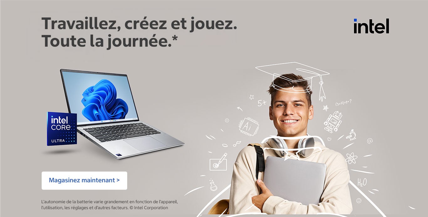 Travaillez, créez et jouez. Toute la journée. Magasinez maintenant. L’autonomie de la batterie varie grandement en fonction de l’appareil, l’utilisation, les réglages et d’autres facteurs. Intel Corporation.
