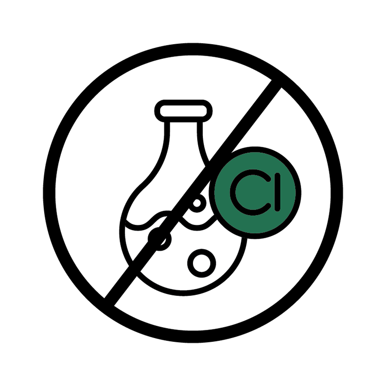 Simple graphic of a chemistry beaker crossed out with element CI