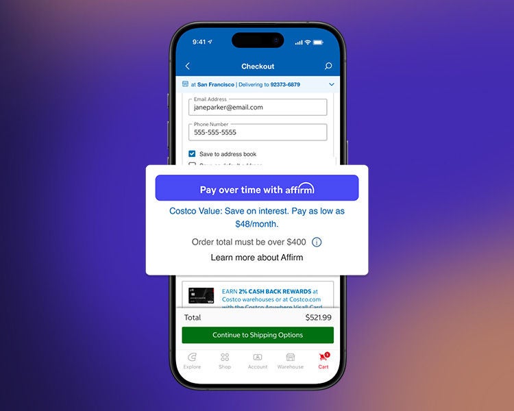 Screenshot of the checkout page on Costco app and where you can select to pay with Affirm