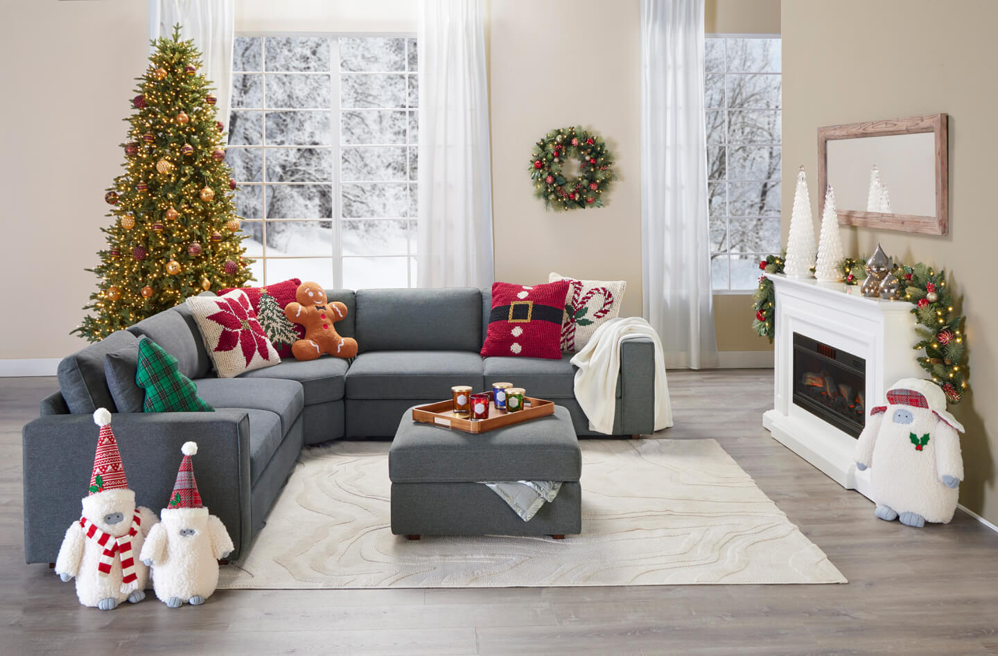 Sectional Sofa in Living Room decorated with Christmas decor