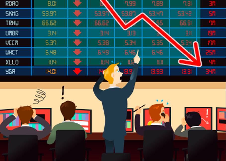 illustrated man looking at stock exchange going down
