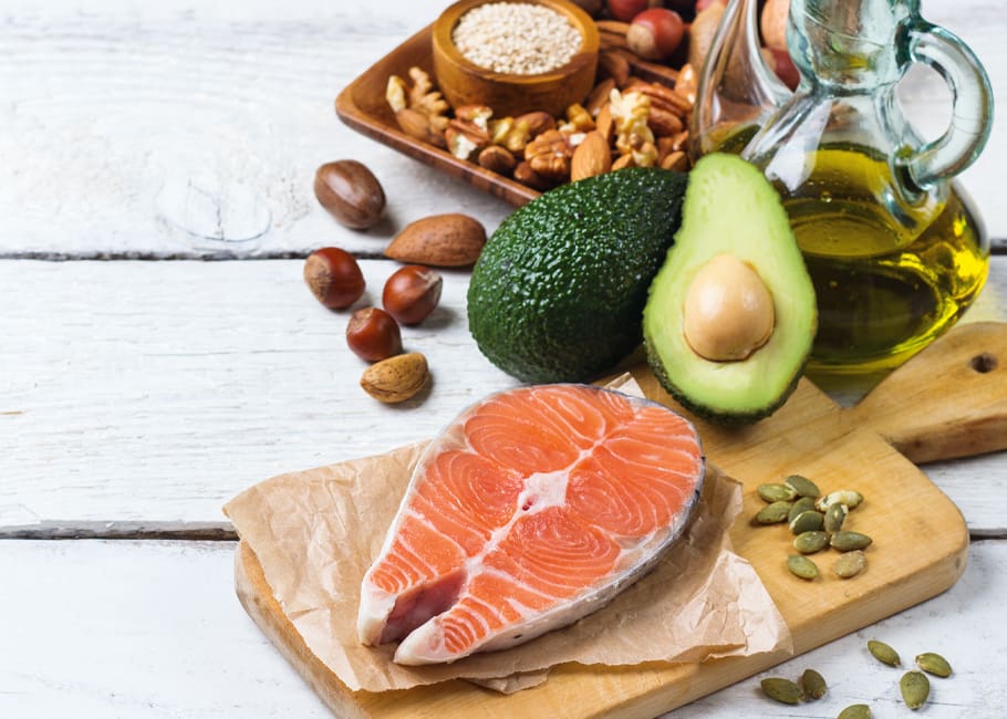 salmon, avocado, nuts