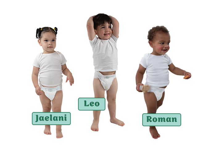 3 babies wearing diapers and white short sleeve shirts. Name tags from left to right: Jaelani, Leo, Roman