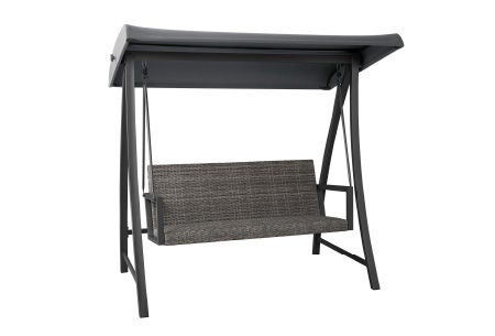 Agio 5-piece patio fire pit set with two loveseats, two swivel chairs, and tan cushions.