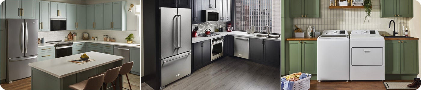 3 images of kitchens showcasing their appliances