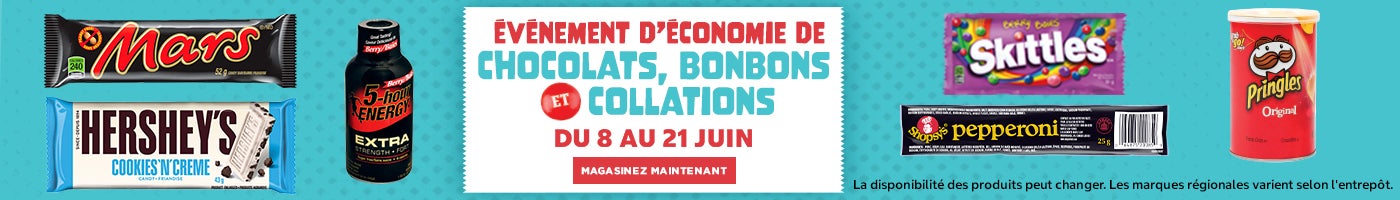  Événement d'economie de Chocolats, Bonbons et Collations Du 8 au 21 Juin Magasinez Maintenant   La disponibilité des produits peut changer. Les marques régionales varient selon entrepôt