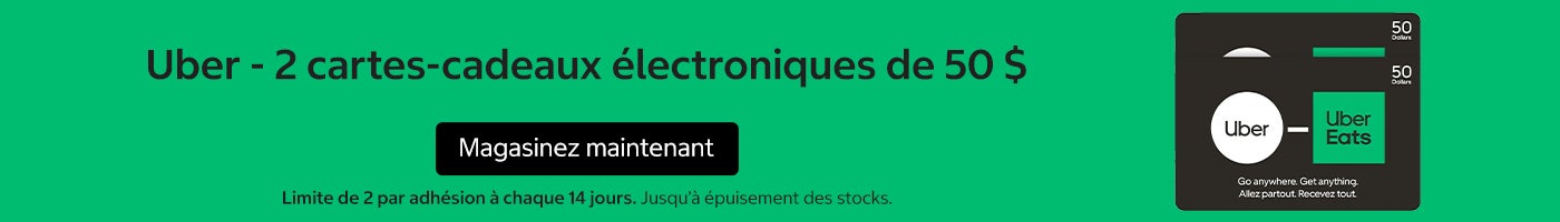 Uber - 2 cartes-cadeaux électroniques de 50 $ Limite de 2 par adhésion à chaque 14 jours Jusqu’à épuisement des stocks