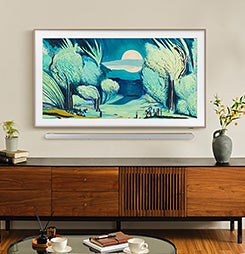Samsung Crystal UHD TV showing a soccer match while a man and woman cheer in a living room.