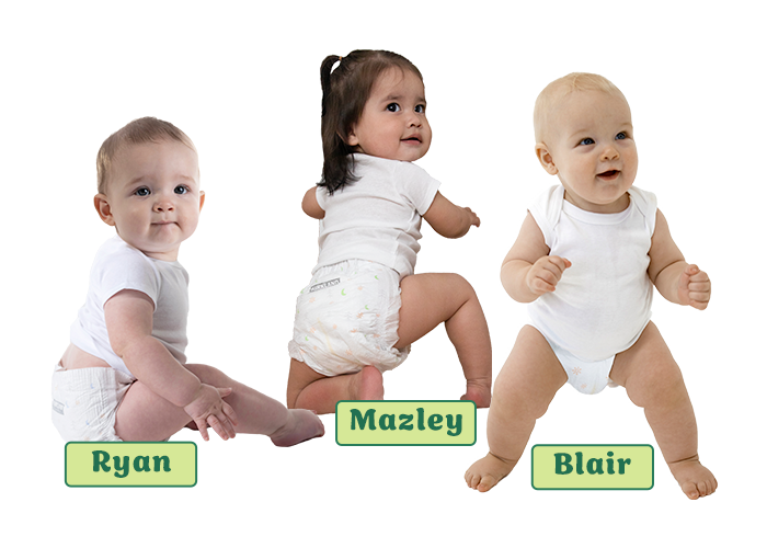 3 babies wearing diapers and white short sleeve shirts. Name tags from left to right: Ryan, Mazley, Blair