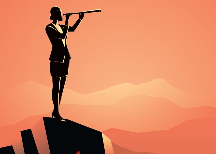 a illustration of a woman standing on a platform with a telescope