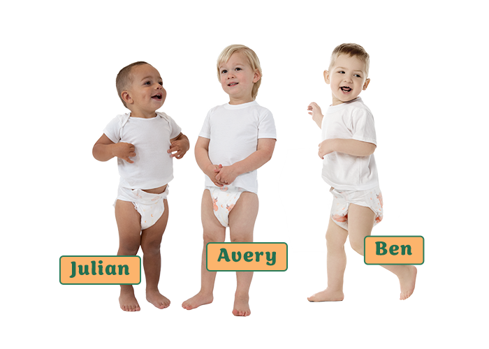3 babies wearing diapers and white short sleeve shirts. Name tags from left to right: Julian, Avery, Ben