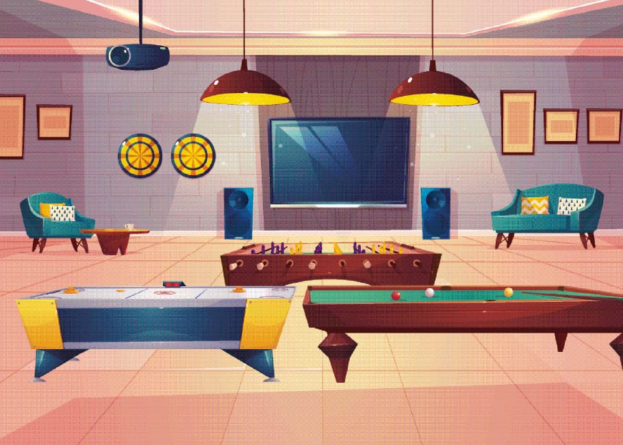 illustration of room with pool table and tv