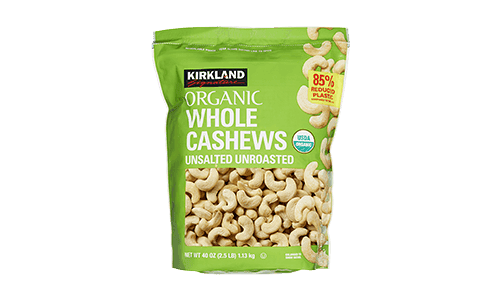 Kirkland Signature Organic Whole Cashews in reduced plastic packaging