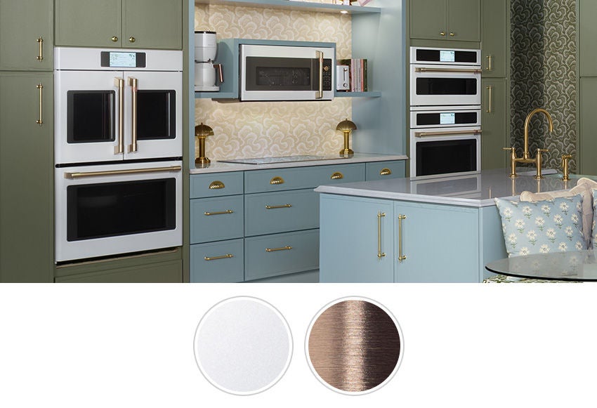 kitchen appliances matte white and brushed bronze finish