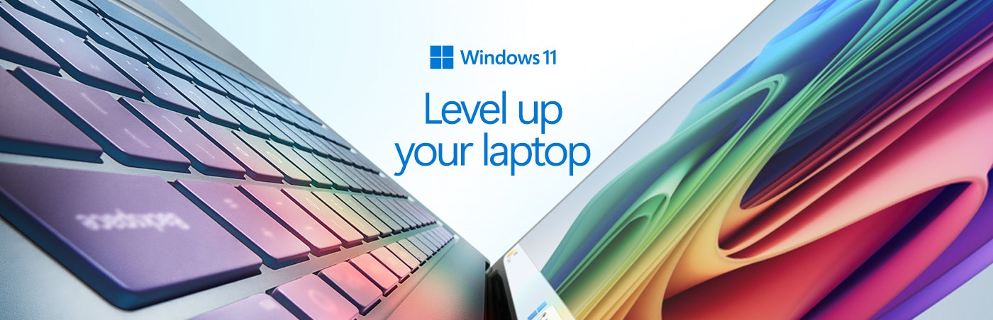 Windows 11 banner featuring a laptop keyboard, a vibrant ribbon display, and text "Level up your laptop"