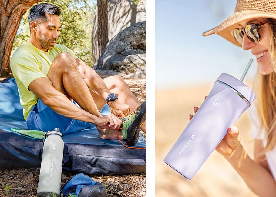 Left: A man putting on climbing shoes with a thermoflask next to him. Right: a woman drinking from a thermoflask wearing a straw hat and sunglasses.