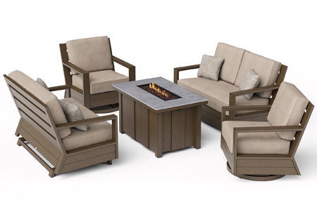 Agio 5-piece patio fire pit set with two loveseats, two swivel chairs, and tan cushions.