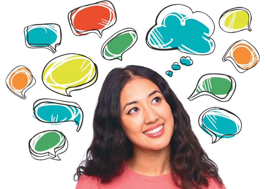 woman and speech bubbles
