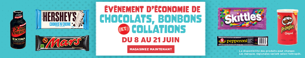  Événement d'economie de Chocolats, Bonbons et Collations Du 8 au 21 Juin Magasinez Maintenant   La disponibilité des produits peut changer. Les marques régionales varient selon entrepôt