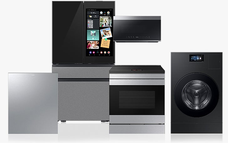 Samsung kitchen and laundry appliances in stainless and black, including a smart fridge.