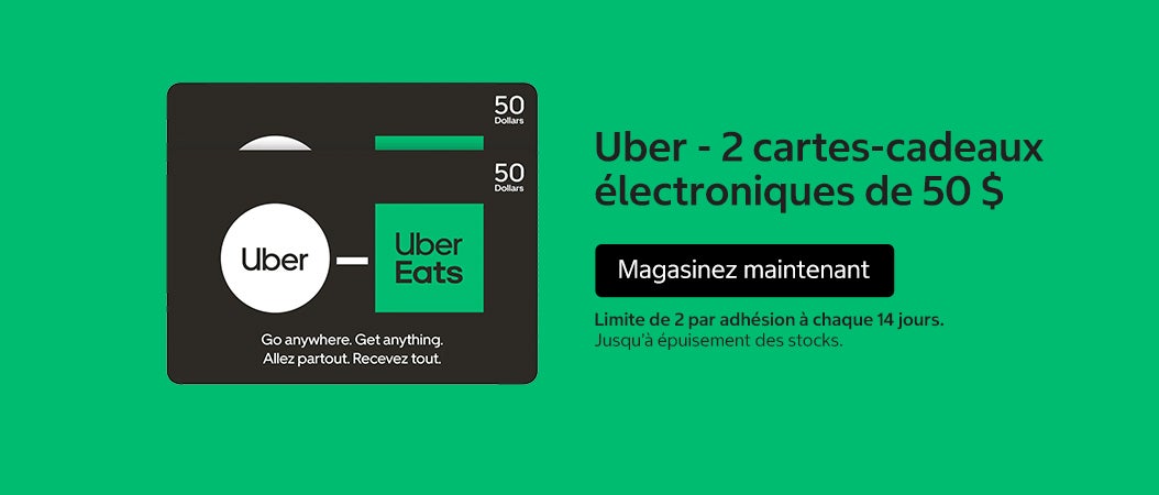 Uber - 2 cartes-cadeaux électroniques de 50 $ Limite de 2 par adhésion à chaque 14 jours Jusqu’à épuisement des stocks