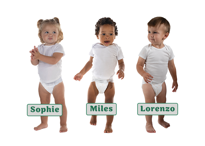 3 babies wearing diapers and white short sleeve shirts. Name tags from left to right: Sophie, Miles, Lorenzo
