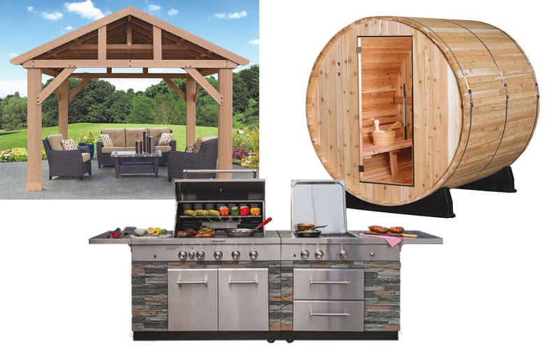 Gazebo Barrel, Steam Sauna, Stone Island 9-Burner Grill