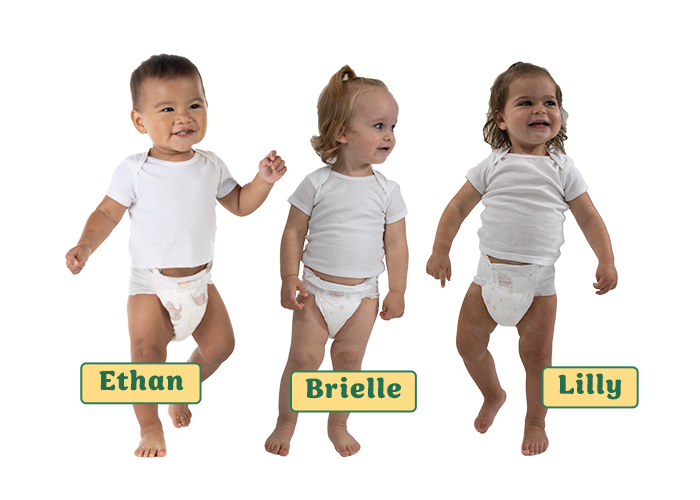3 babies wearing diapers and white short sleeve shirts. Name tags from left to right: Ryan, Mazley, Blair
