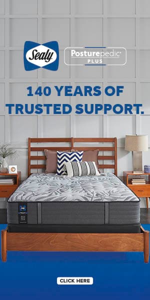 Sealy logo. Posturepedic plus. 140 years of trusted support. Click here