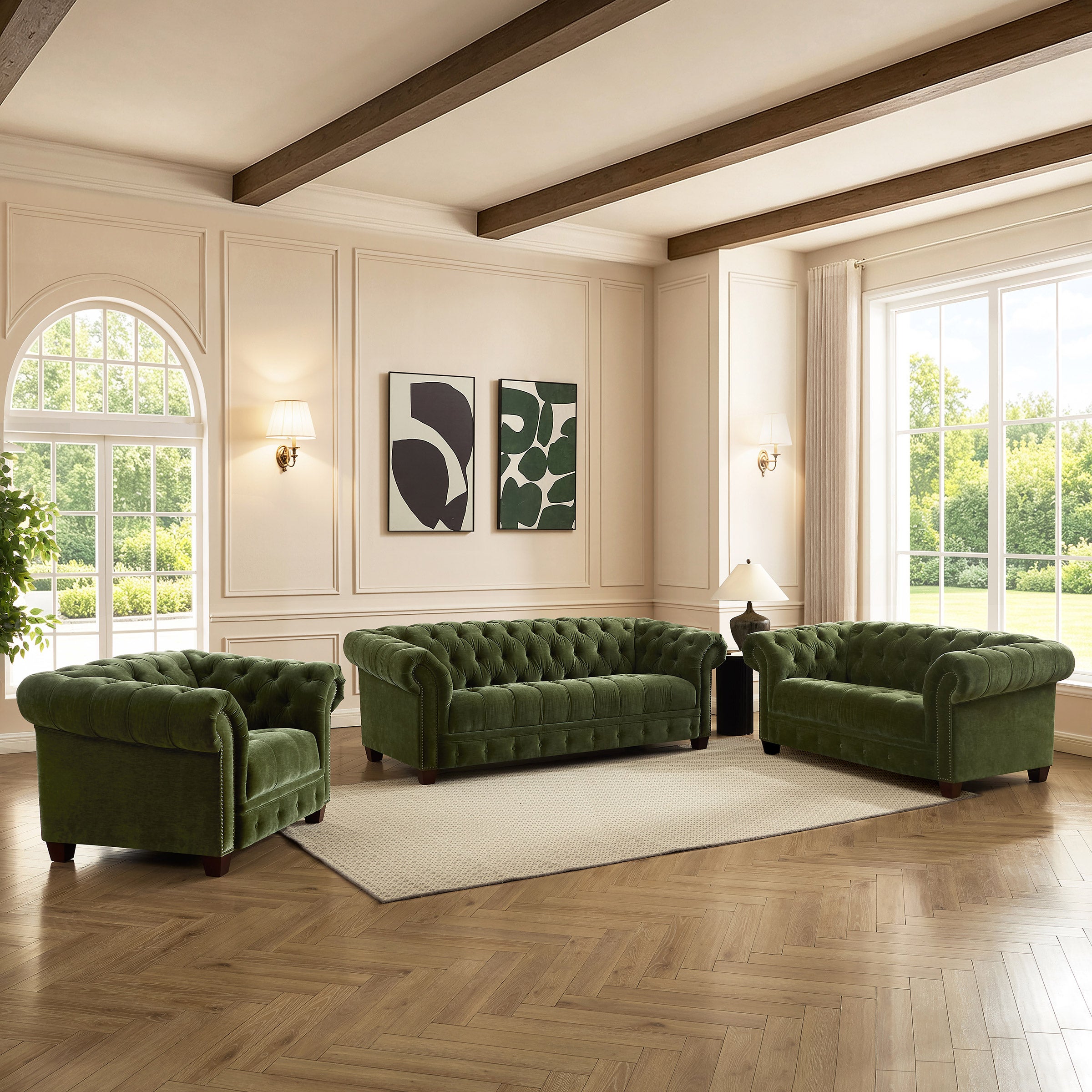 Abbie Fabric Chesterfield Sofa, Chair and Loveseat, Green | Costco