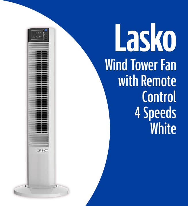 Lasko Wind Tower Fan with Remote Control, 4 Speeds, White