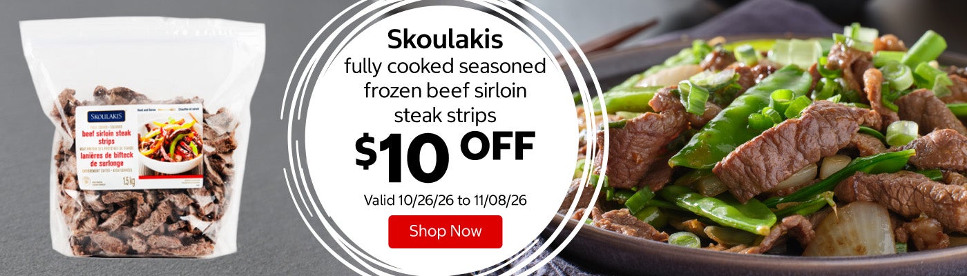 Skoulakis fully cooked seasoned frozen beef sirloin steak strips $10 OFF Valid 10/26/26 to 11/08/26 Shop Now 