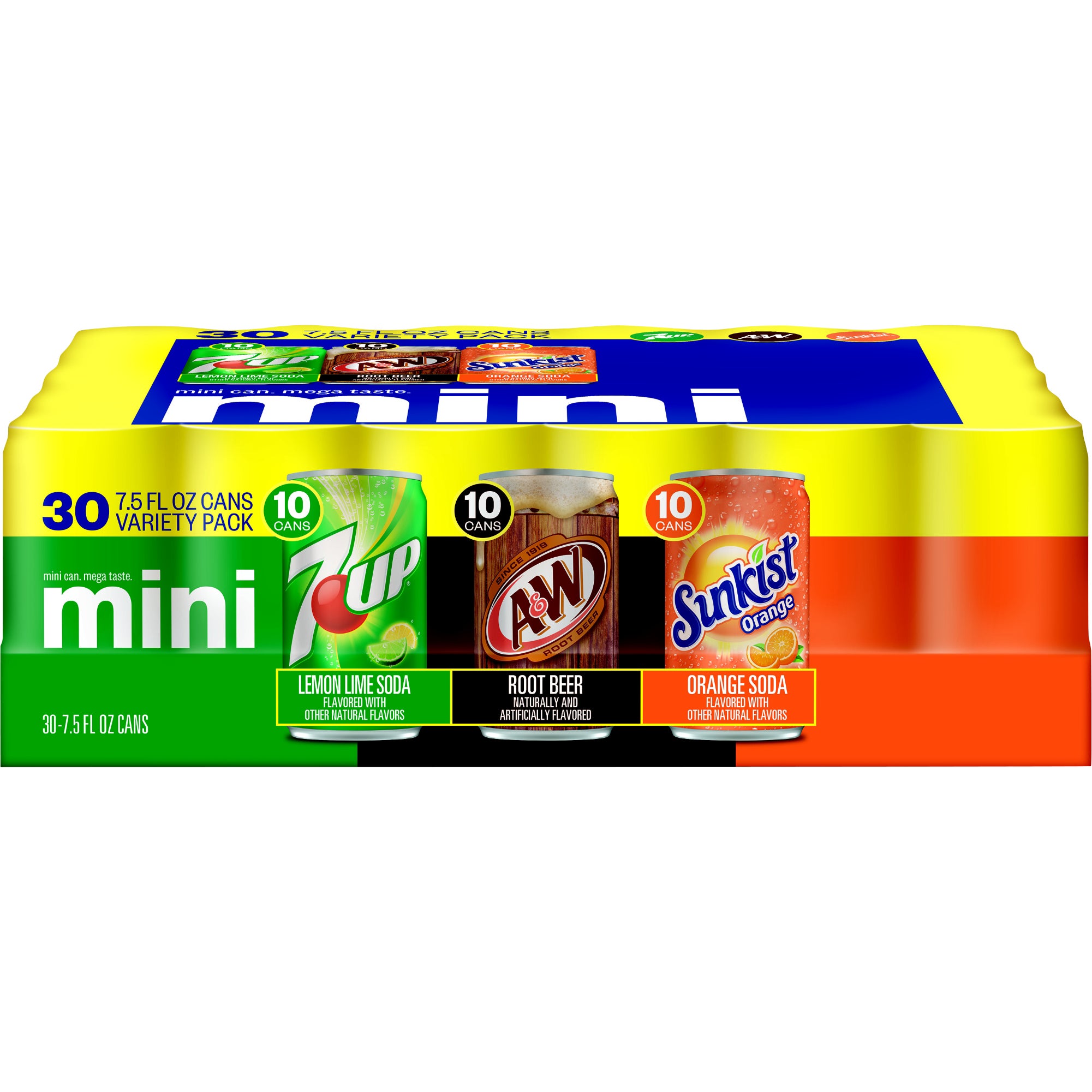 7UP, A&W, Sunkist Mini Can Variety Pack, 7.5 fl oz, 30 ct | Costco