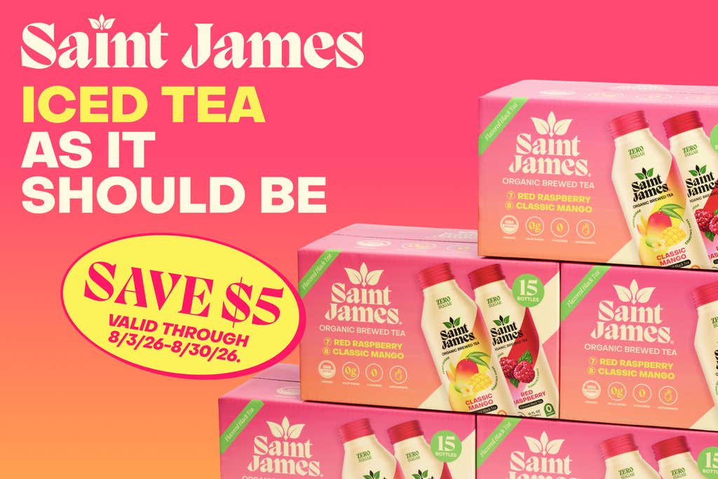 SAVE $5 on Saint James Organic Brewed Tea, Zero Sugar, Variety Pack, 16 fl oz, 15 ct