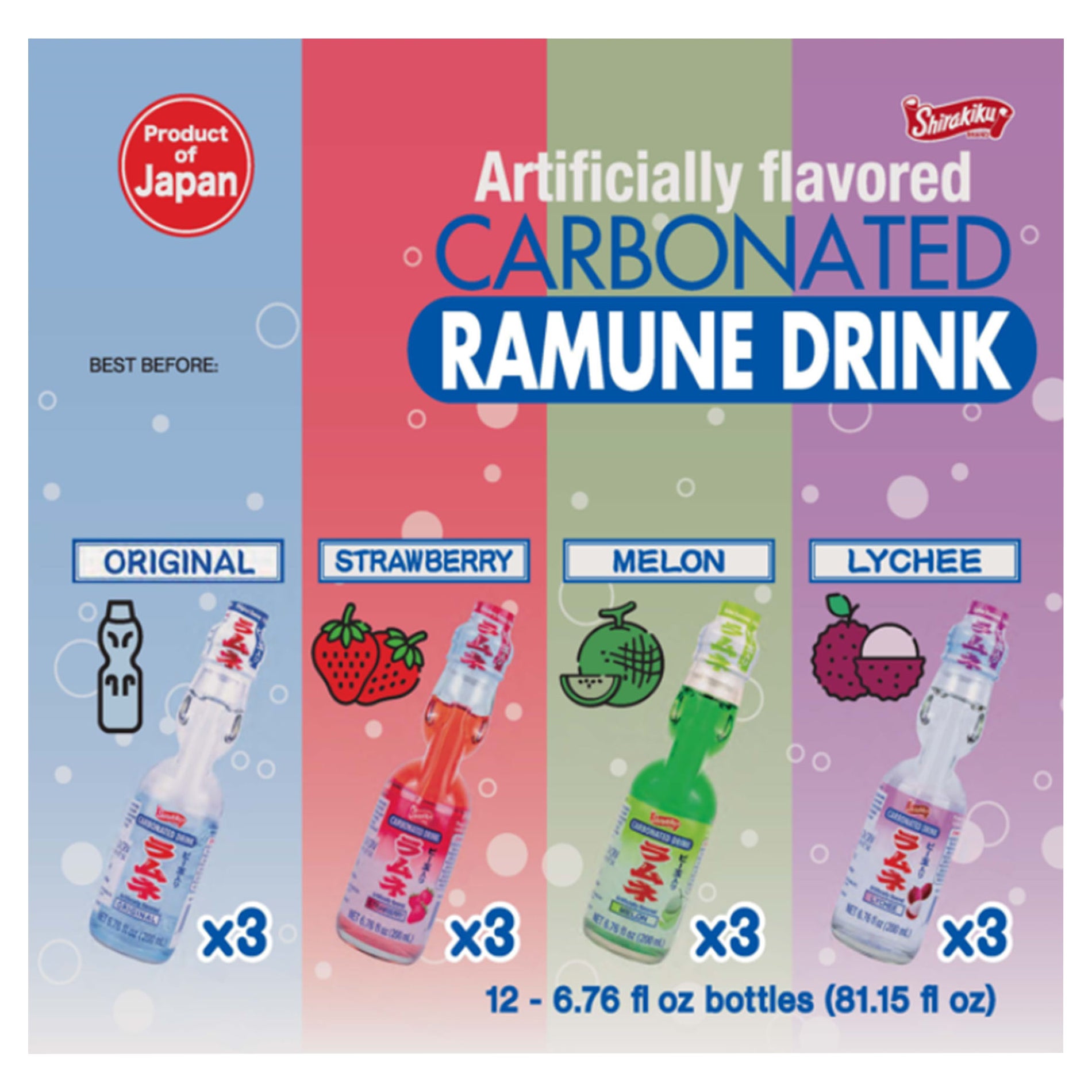 Shirakiku Carbonated Ramune Drink, Variety Pack, 6.76 fl oz, 12 ct