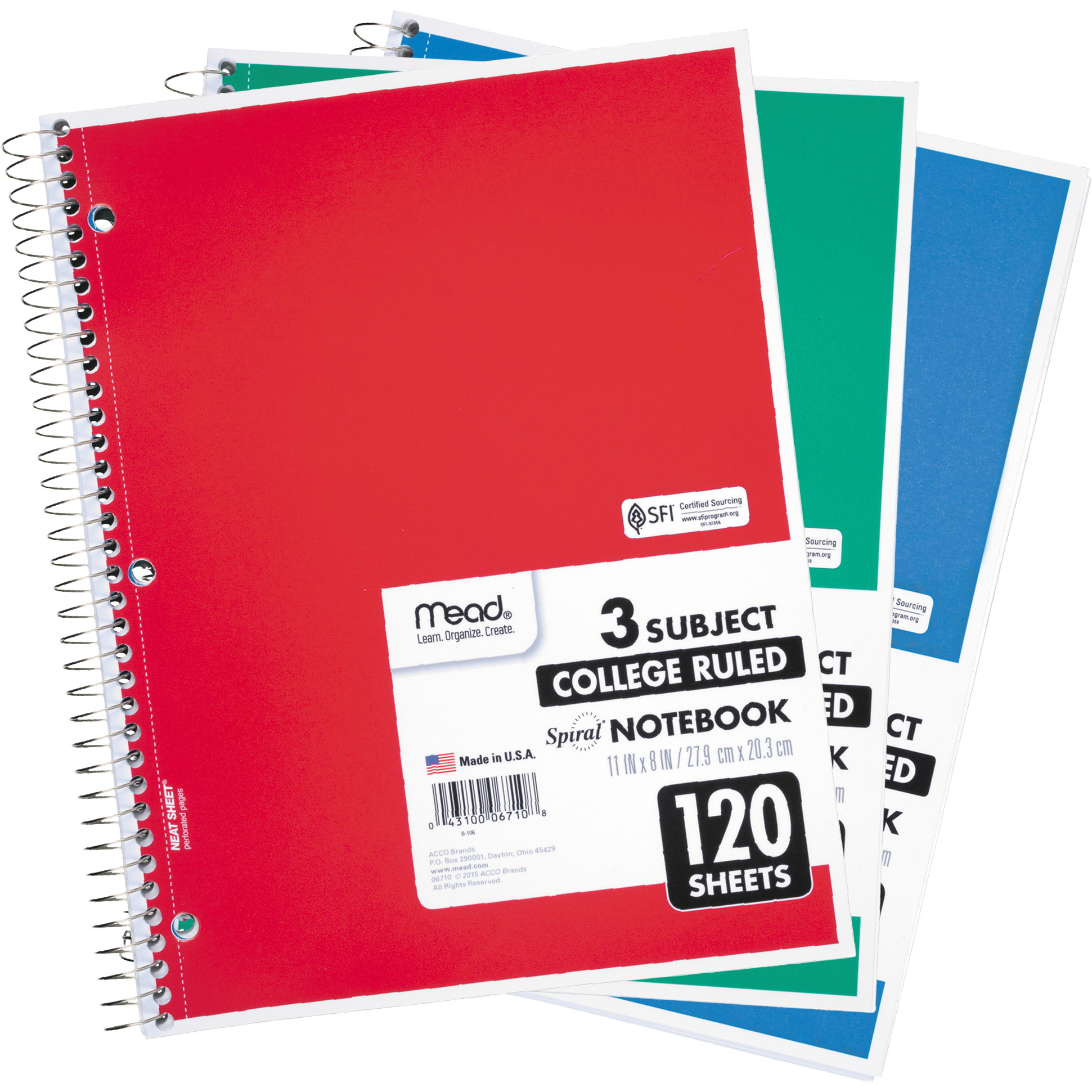Mead 3-Subject Spiral Notebook, College Ruled, Assorted Colors, 11