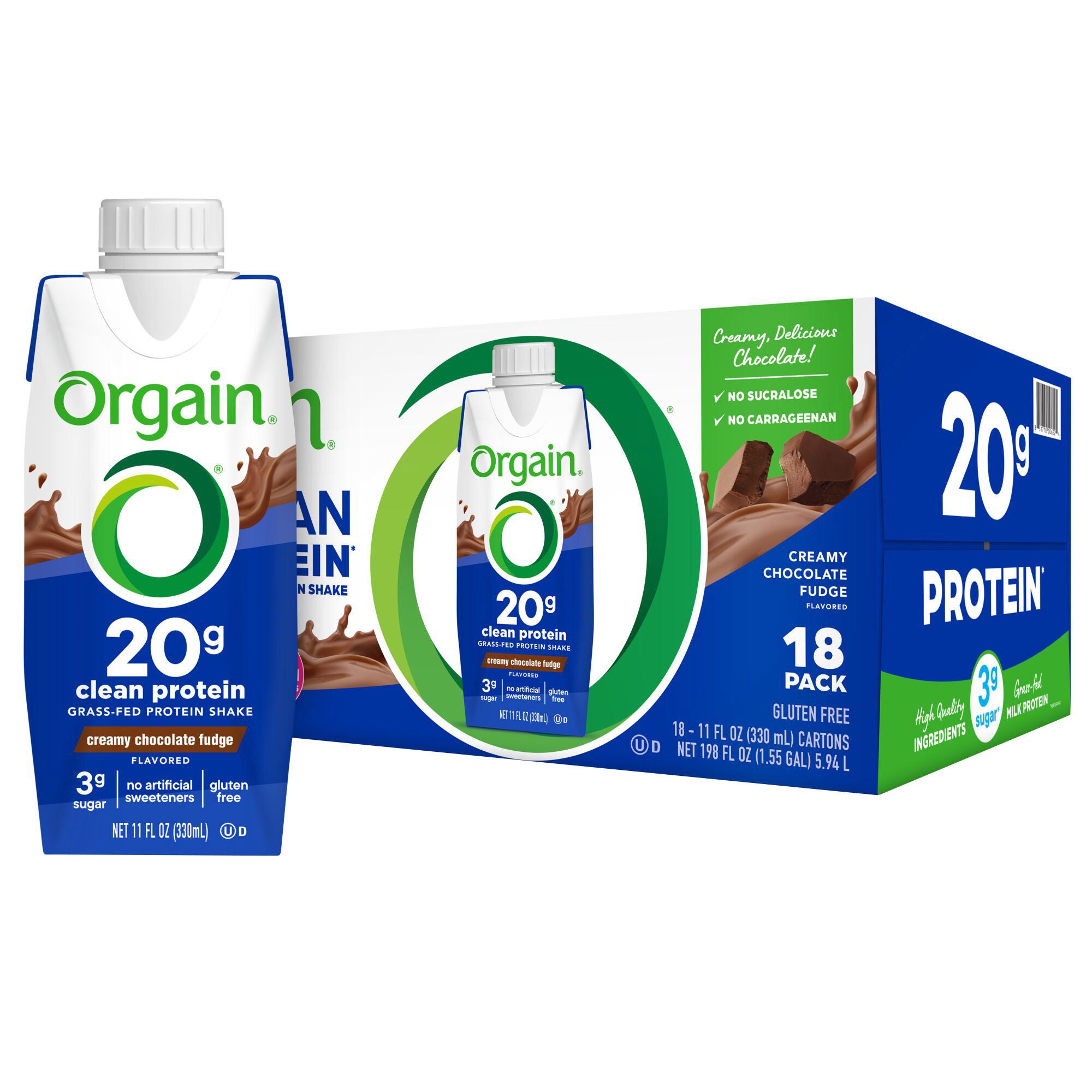 Orgain Clean Grass Fed Protein Shake, Creamy Chocolate Fudge, 11 fl oz, 18-pack
