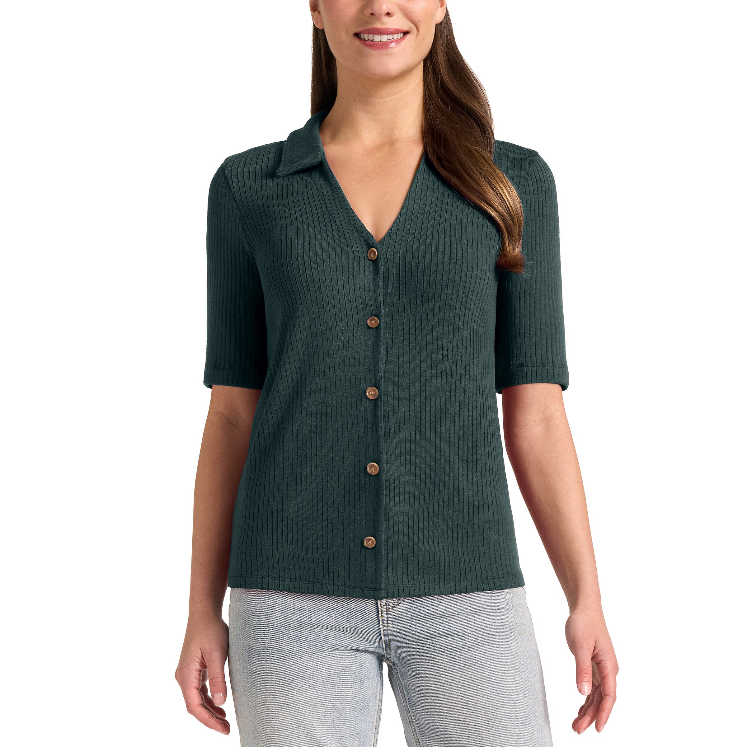 Matty M Women's Ribbed Button Front Top