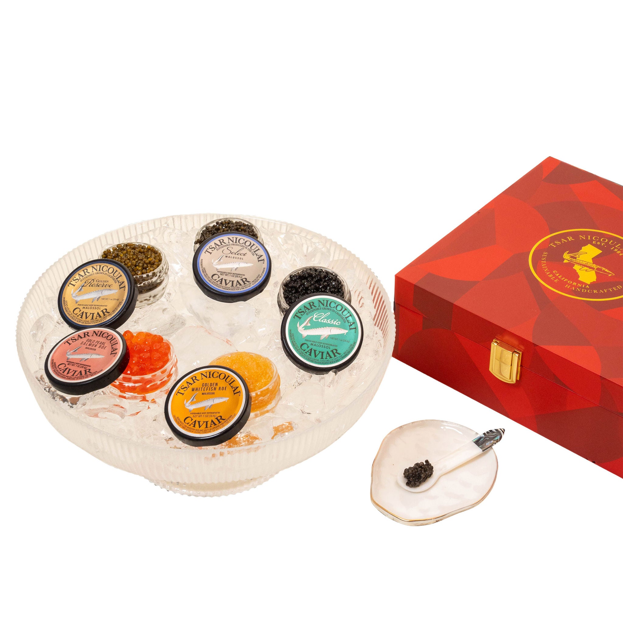 Tsar Nicoulai Mosaic Red Box 3 (1 oz.) Farmed Caviars and 2 (1 oz