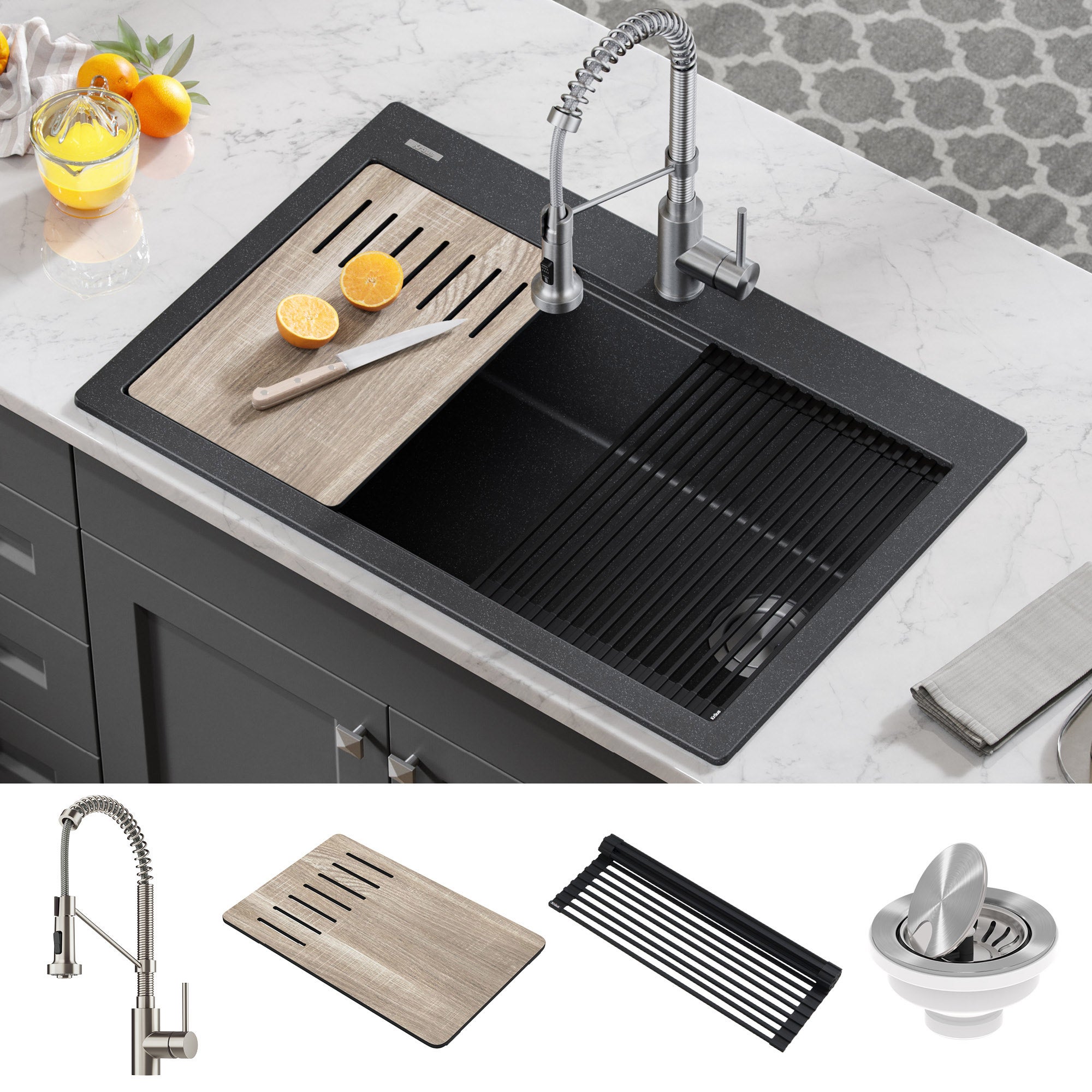 KRAUS 33" Drop-In Single Bowl Granite Kitchen Sink with Commercial Kitchen Faucet