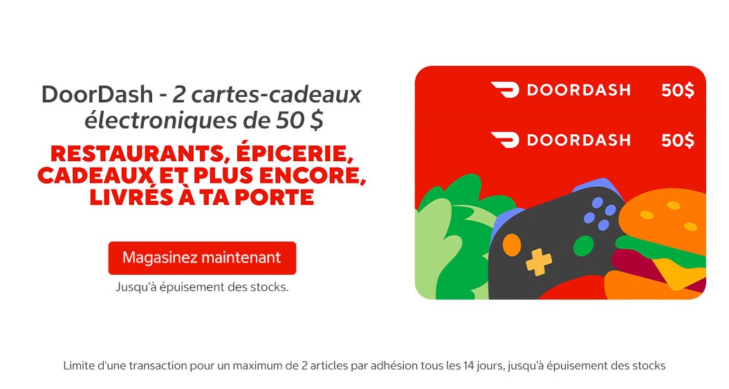 DoorDash - 2 cartes-cadeaux électroniques de 50 $.  Limite d'une transaction pour un maximum de 2 articles par adhésion tous les 14 jours, jusqu’à épuisement des stocks.